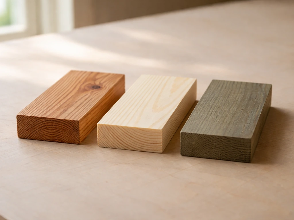 Three exterior wood samples showing untreated cedar and pine vs a dull coated wood piece.