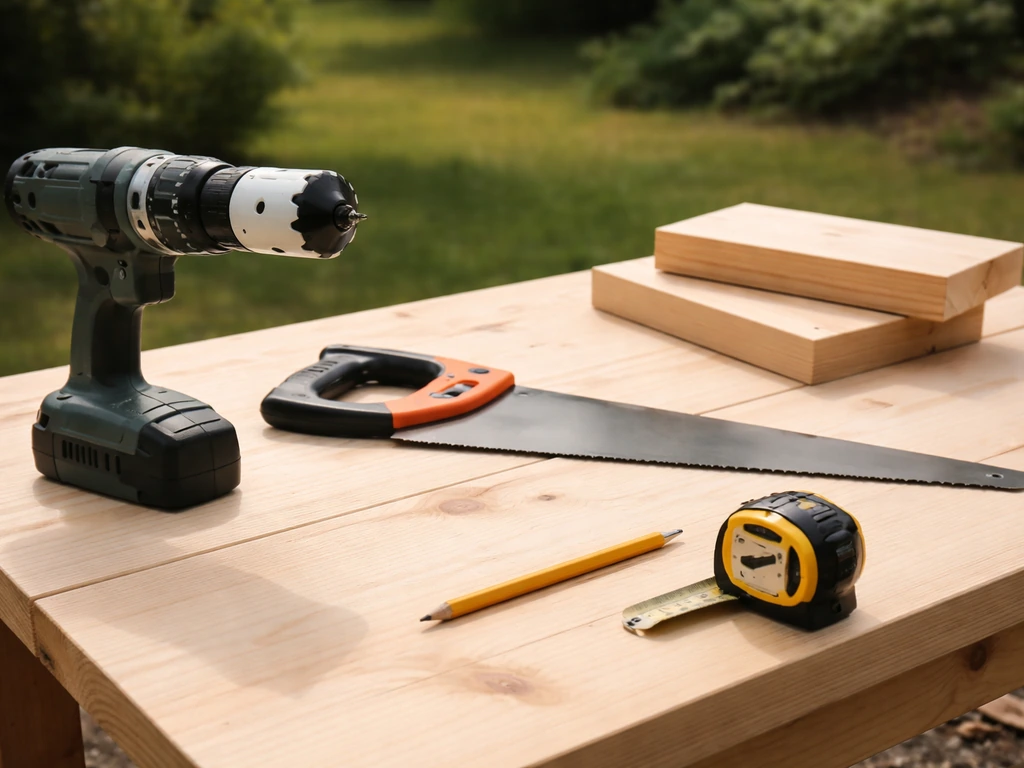 Minimal workbench photo showing a drill with hole saw, a saw, tape measure, and pencil on wood.