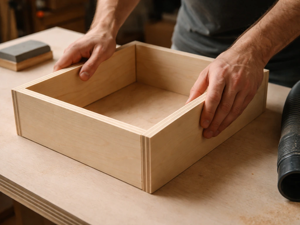 Person dry-fitting wooden panels onto a base, showing joints; sanding dust and tools nearby.
