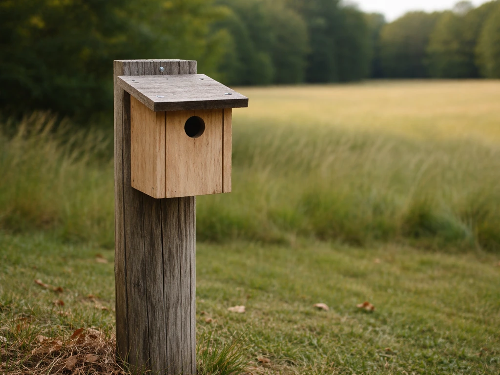 Bluebird-style wooden birdhouse mounted on a post at proper height near open lawn field edge.