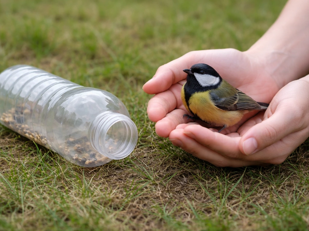 Small bird gently supported for immediate release beside a nearby bottle trap in natural outdoor light.