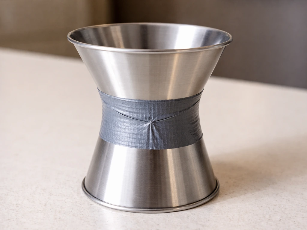 Close-up of a taped funnel seam on a simple trap structure, tape wrap firmly pressed, funnel upright.