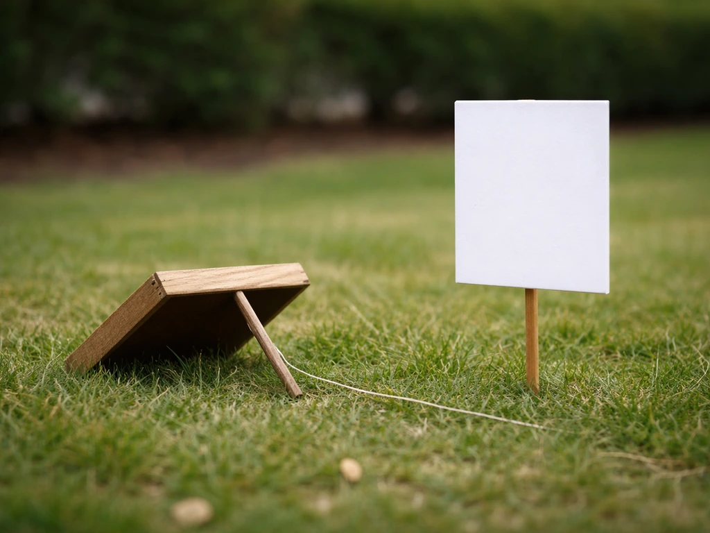 Grass with a simple stick trap and a blank printed notice sign on a stake beside it.