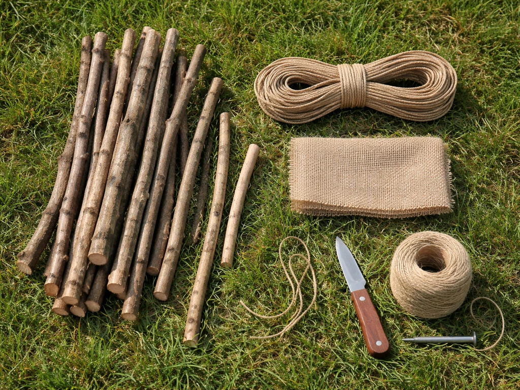 Top-down view of stick trap materials: straight sticks, cord, burlap mesh, twine, and tools on grass