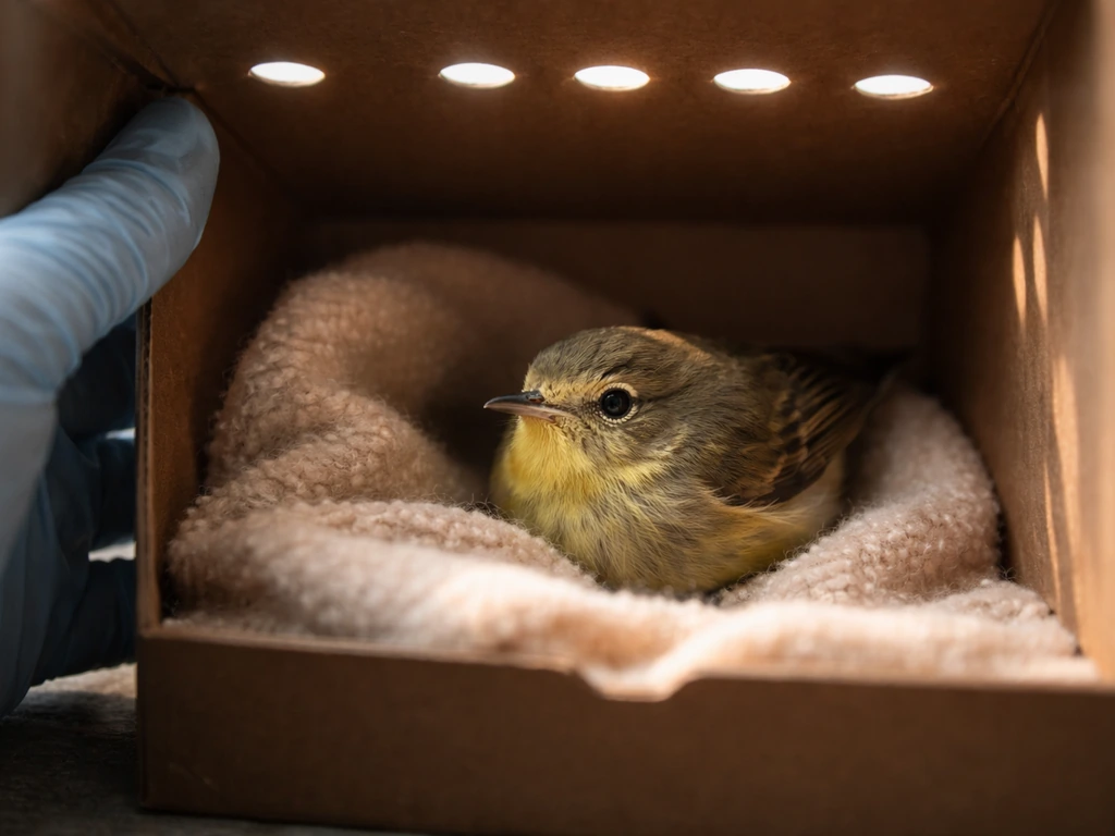 Small bird calm inside a warm dark holding box, gloved hand gently steadying it for release or rehab.