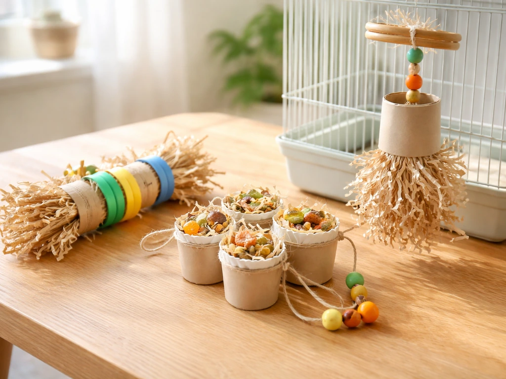 Assorted DIY bird toys made from safe materials next to a birdcage in bright natural light