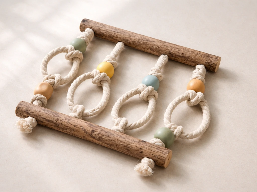 Overhead view of a small bird-safe DIY toy made from natural wood and rope, scaled appropriately.