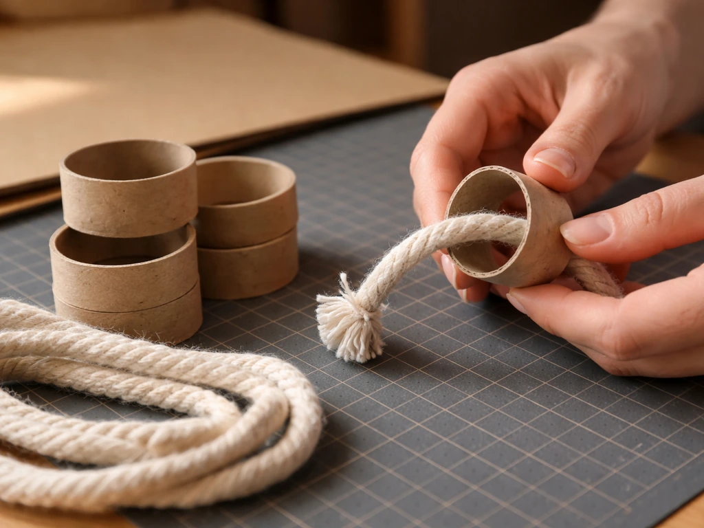 Hands stack cardboard rings and thread thick cotton rope during a simple DIY craft project.