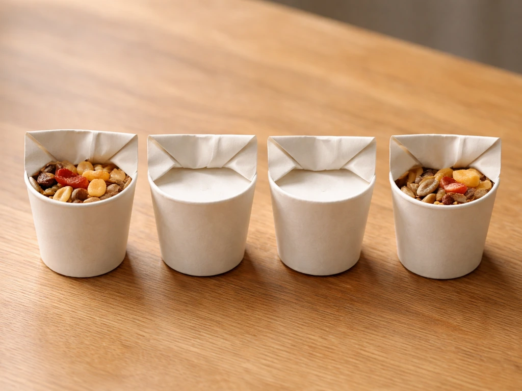 Multiple uncoated paper cups with folded tops, some filled with seeds and fruit pieces on a table