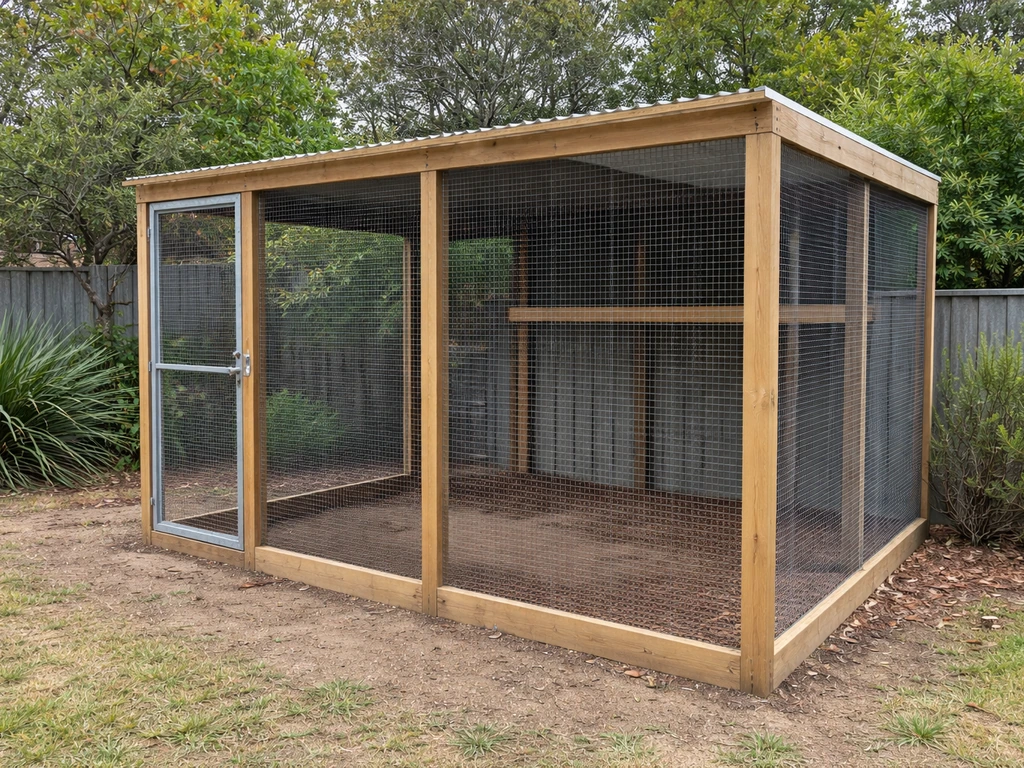 Backyard bird aviary in Australia with welded wire mesh, treated timber frame, and a shelter roof section.