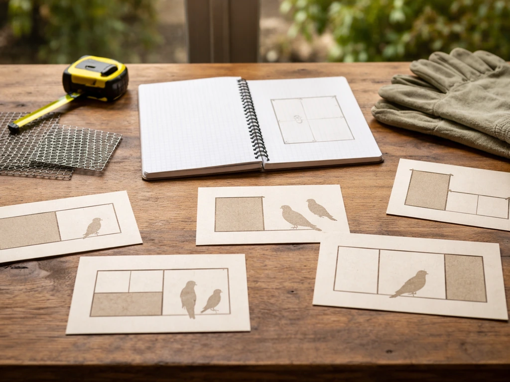 Minimal aviary planning on a workbench with blank layout cards, bird silhouettes, tape measure, and cage mesh samples.