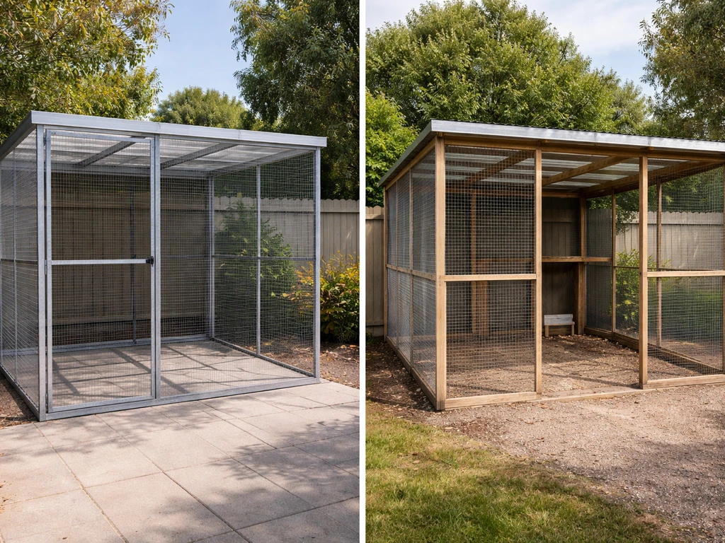 Two backyard aviary setups side-by-side: a walk-in aviary and an enclosed/suspended run.