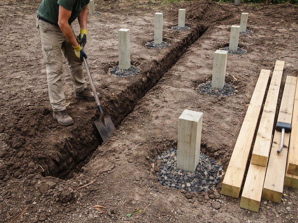 Workers excavate a perimeter trench and install upright foundation posts for a pine aviary.