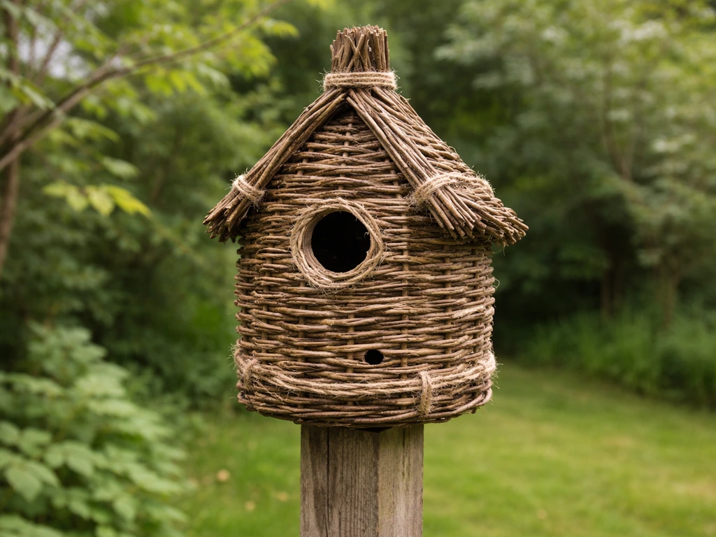 Completed woven willow bird house mounted on a post in a backyard garden, ready for cavity-nesting birds.