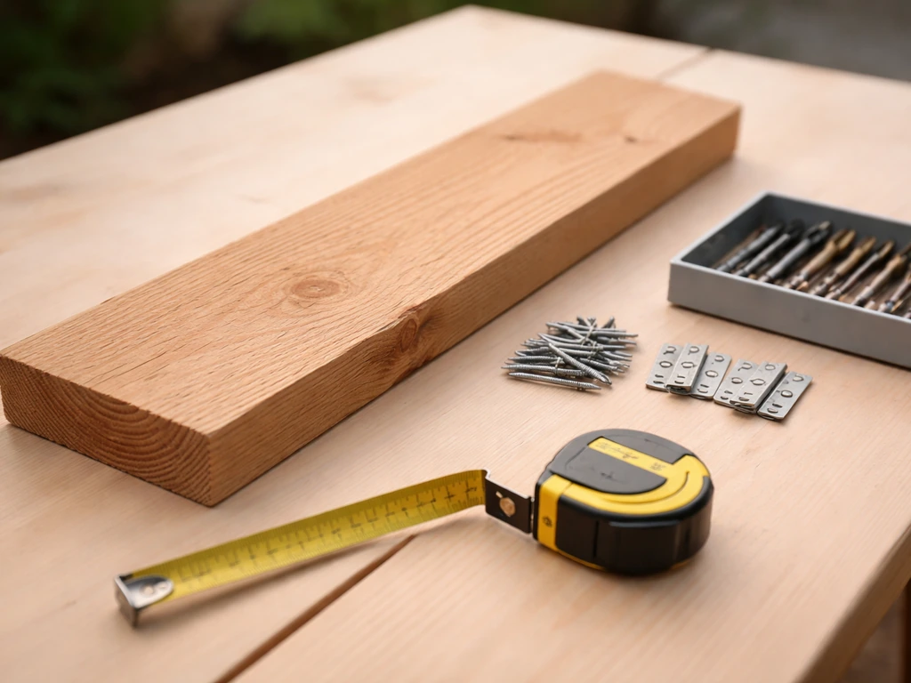 Untreated cedar and hardware laid on a workbench with a measuring tape and drill bits.