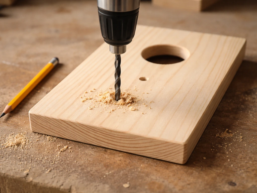 Close-up of a drill creating a centered entrance hole in an unfinished wooden birdhouse front panel.