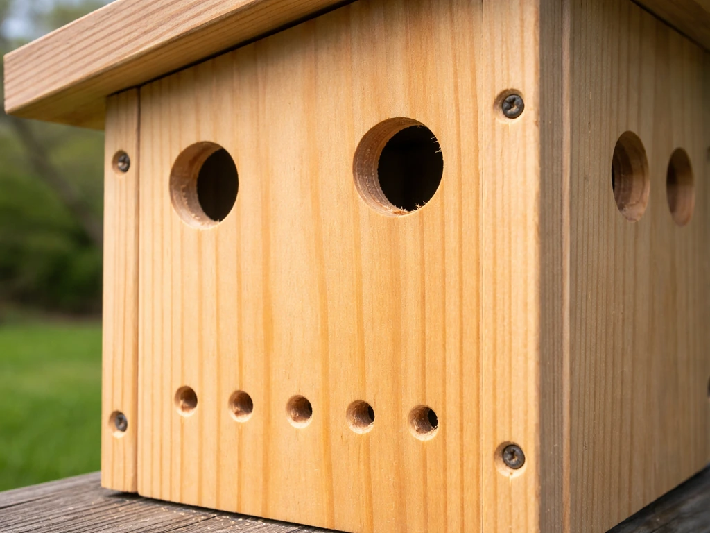 Close view of a nest box’s side panels showing drilled ventilation and drainage holes