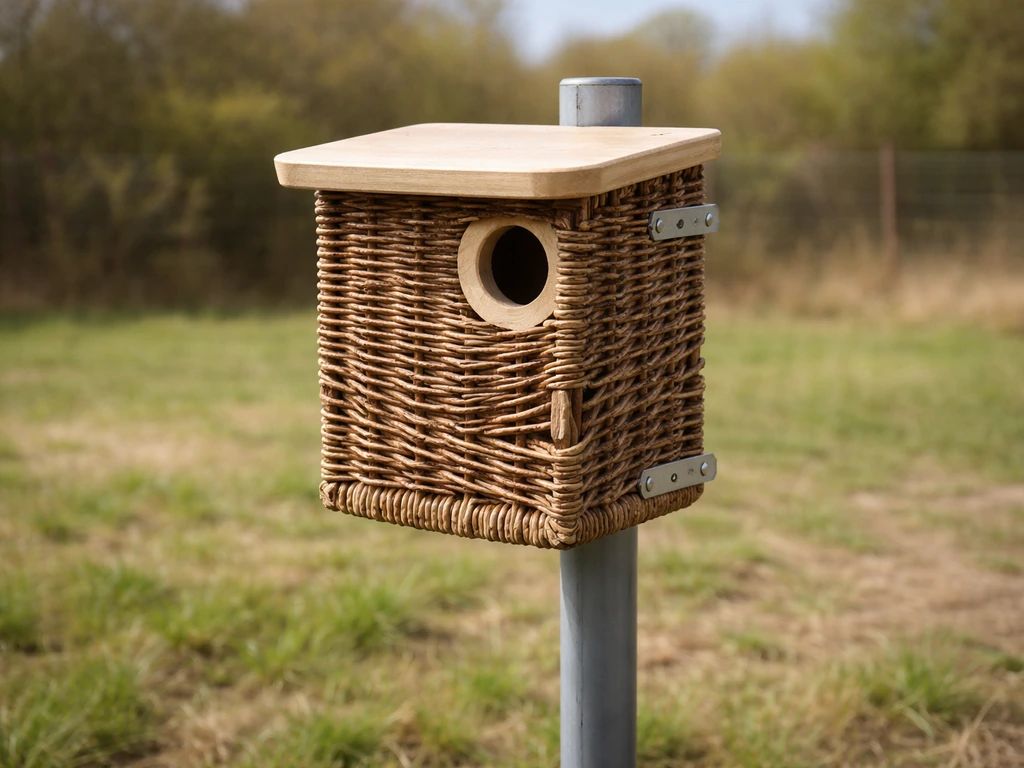 Willow-style nest box mounted on a smooth metal pole with the entrance facing east and open space ahead.