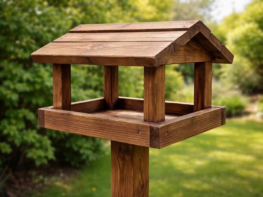 Weatherproof scrap-wood bird table on a post outdoors, tray and feeding area visible from an angle.
