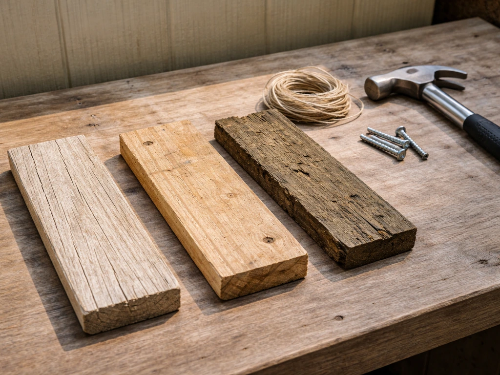 Assorted scrap wood on a workbench with bird-safe supplies, showing a treated-looking piece to avoid.