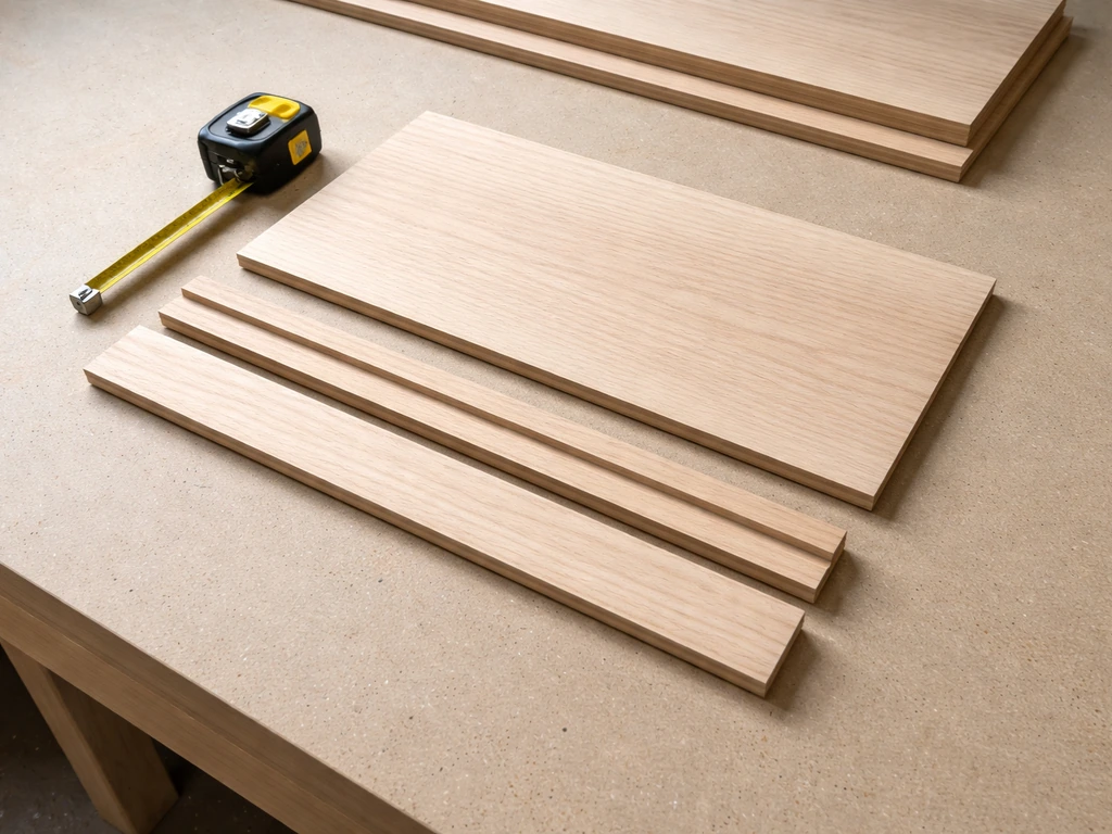 Sanded wooden tray base and long-side lip strips laid out on a workbench, with tape for scale.