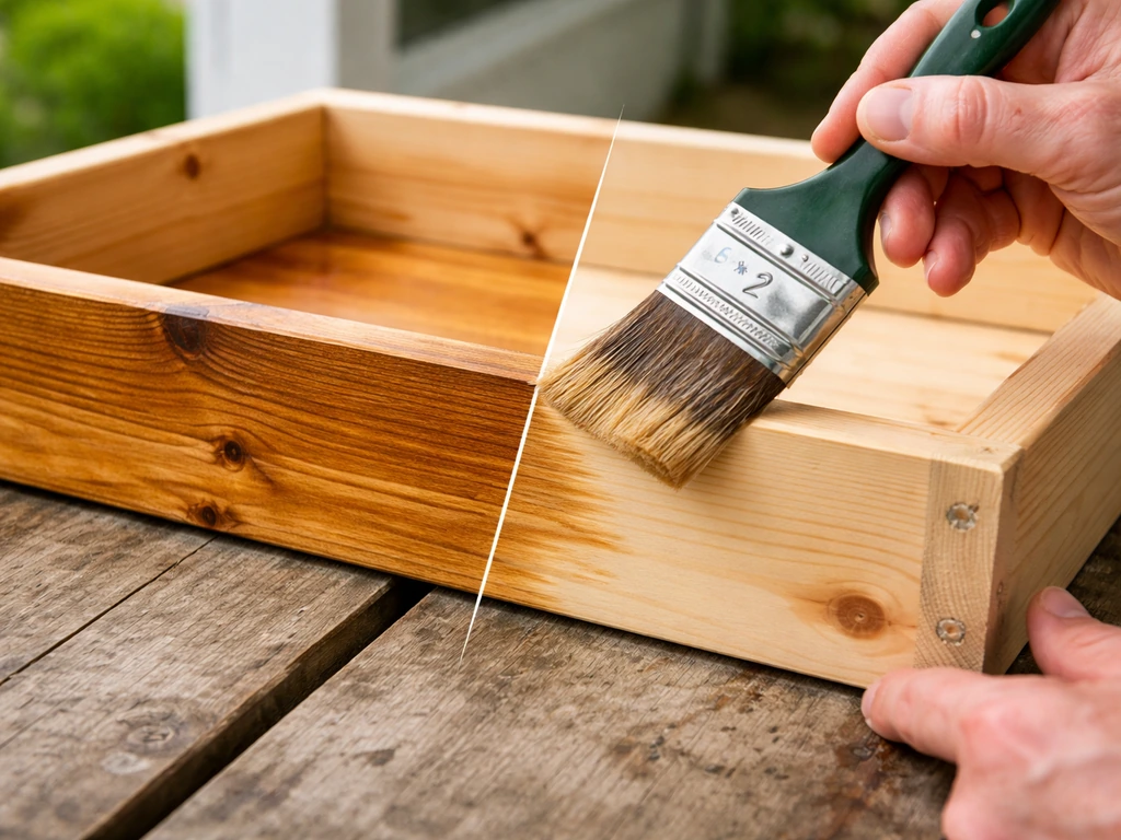 Close-up of brushing bird-safe exterior stain on an underside pine bird tray, coated wood beside uncoated.