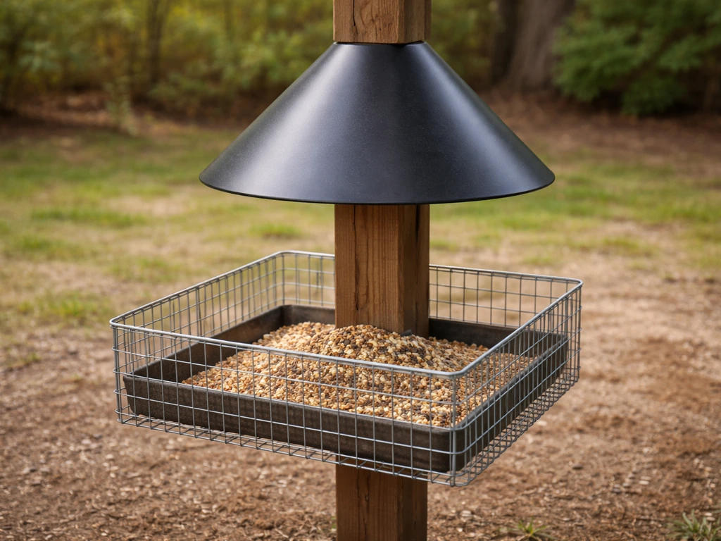 Cone-shaped baffle on a post above a feeder tray, with wire mesh cage blocking access.