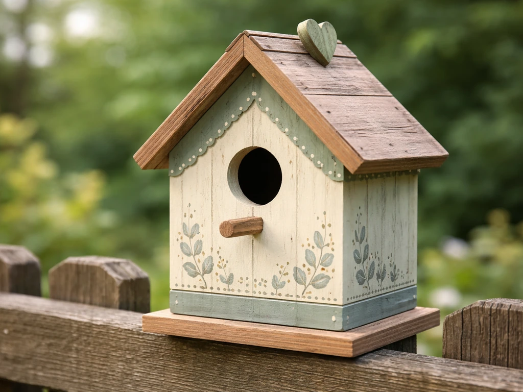 A painted birdhouse on a garden fence with an open entrance and safe, weatherproof exterior finish.