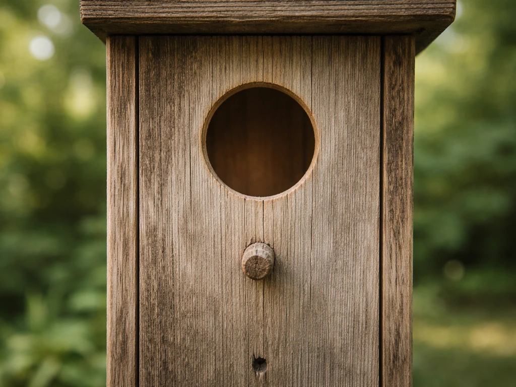 Wooden birdhouse with a proper entrance hole and clearly unpainted interior surfaces.
