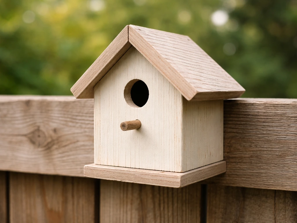 Matte light earth-tone birdhouse sample showing non-glossy painted finish outdoors.