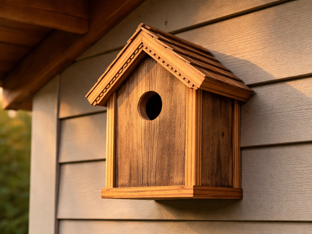 Rustic wooden birdhouse with trim details along the roofline, entrance left unobstructed.