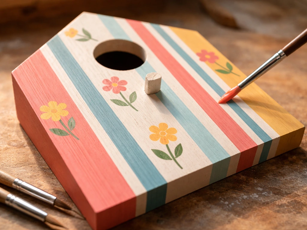 Close-up of an artist painting geometric accents on a birdhouse front panel with small brushes