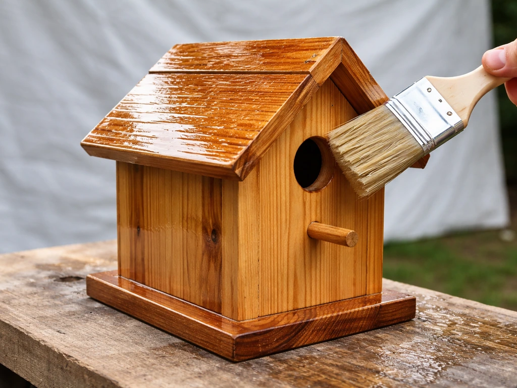 Wooden birdhouse on a bench with clear outdoor sealant being brushed on evenly.