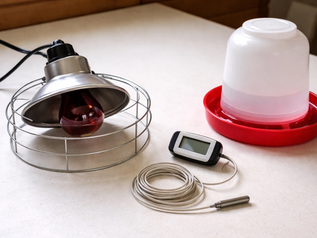 Close-up of DIY brooder essentials: heat lamp, guard, thermometer probe, and waterer on a table.