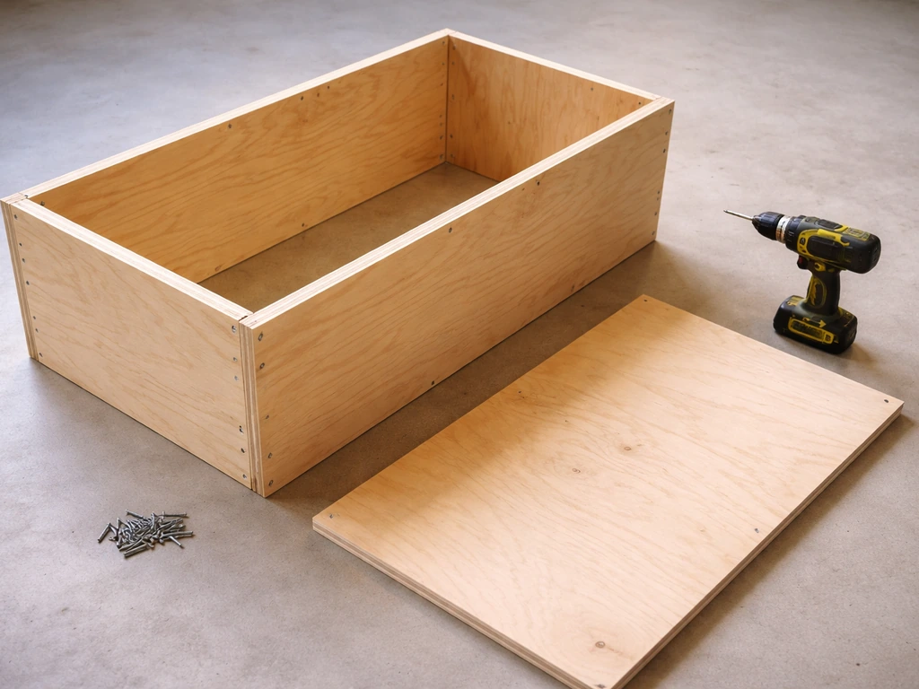 Overhead view of a plywood brooder box under assembly with panels aligned and screws visible at seams.
