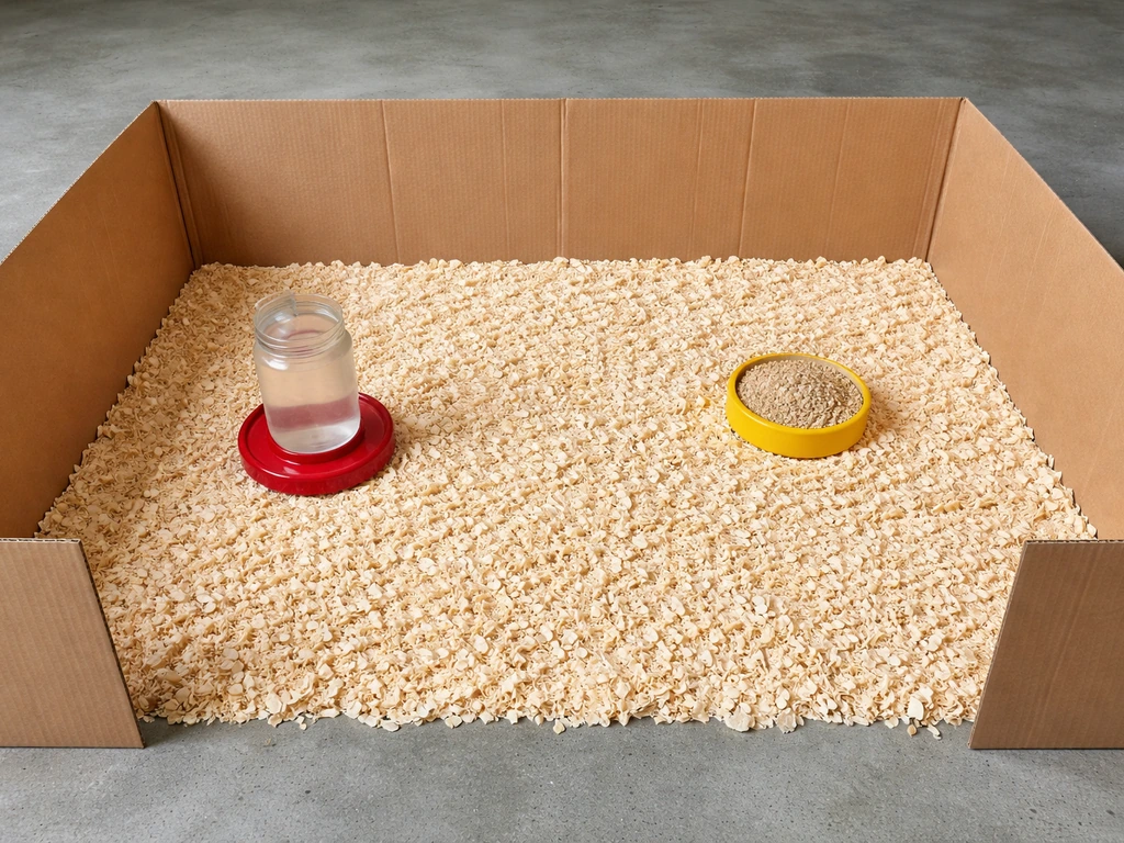 Minimal brooder setup showing pine shavings bedding, guard ring, and chick waterer and feeder inside.