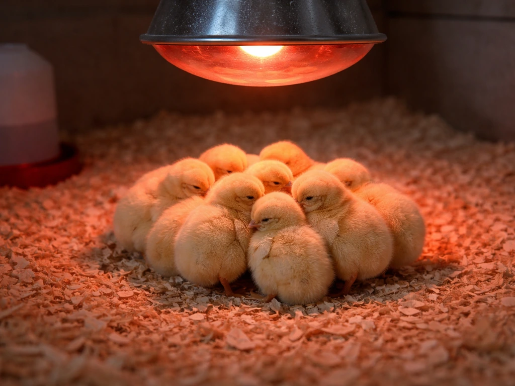 A small group of chicks huddled under a heat lamp, with a slightly low warm glow suggesting the brooder needs adjusting.