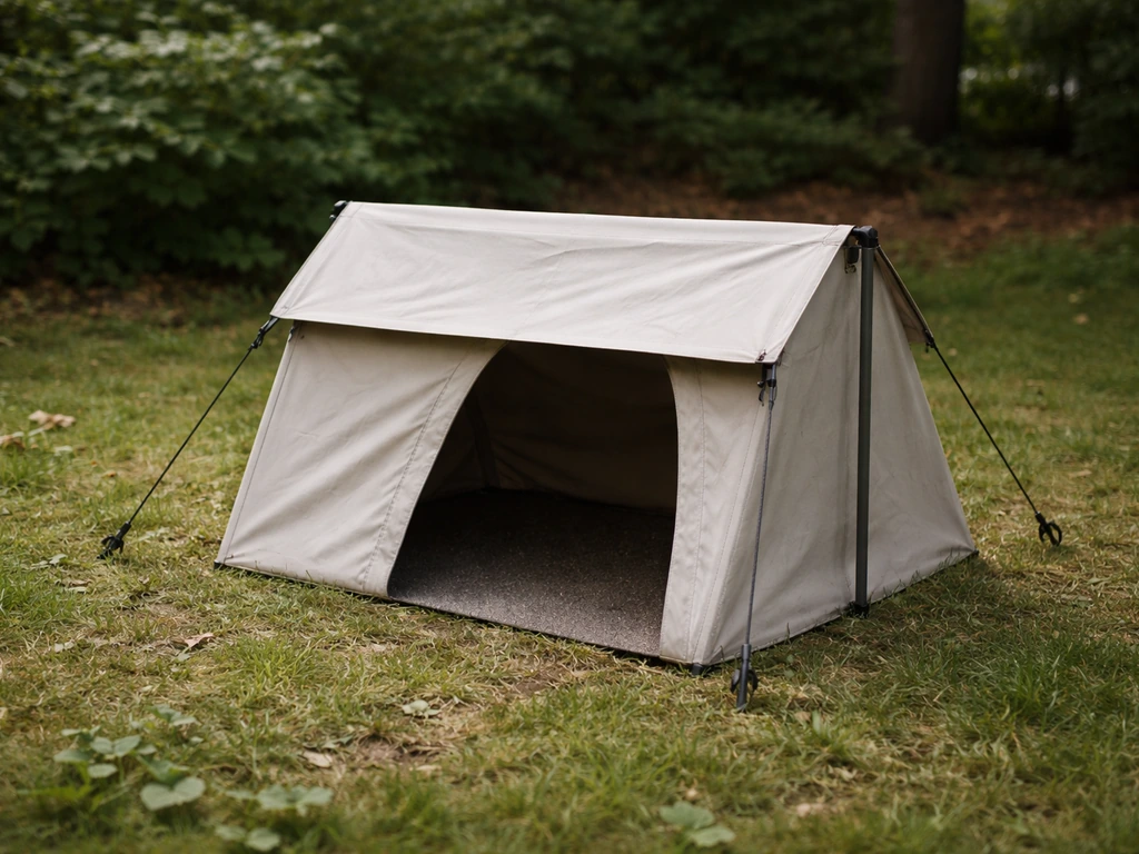 A finished DIY bird tent in a backyard with a weatherproof canopy and open side entrance
