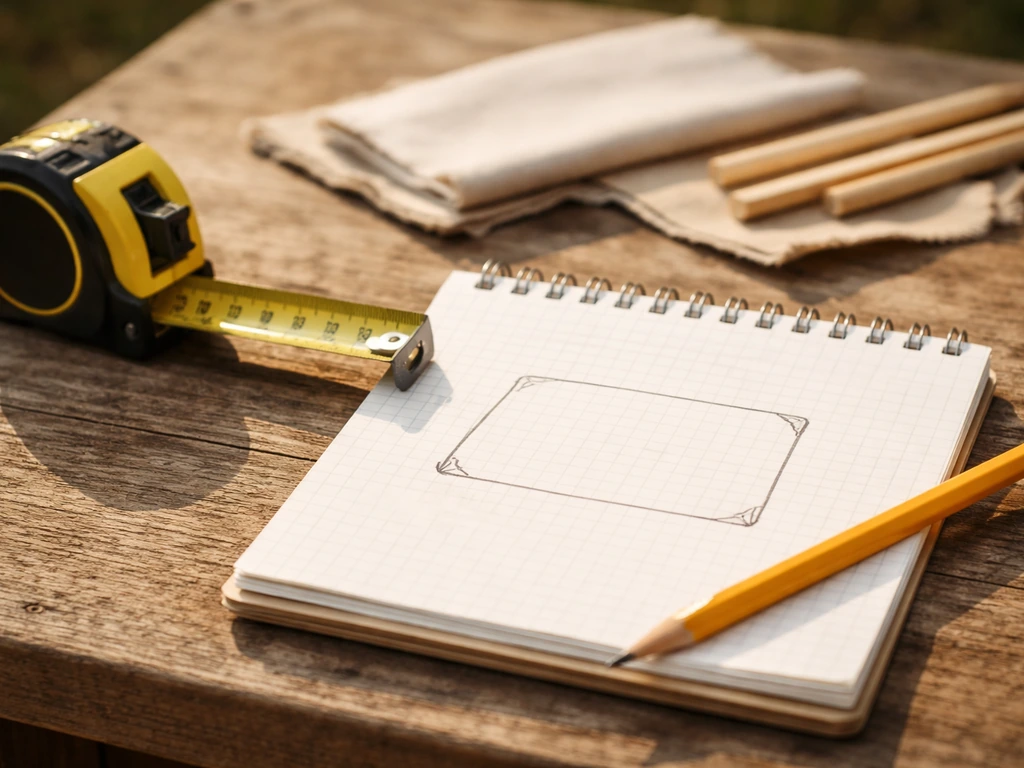 Close-up of tape measure and notepad on a workbench with a simple sketched bird-tent footprint