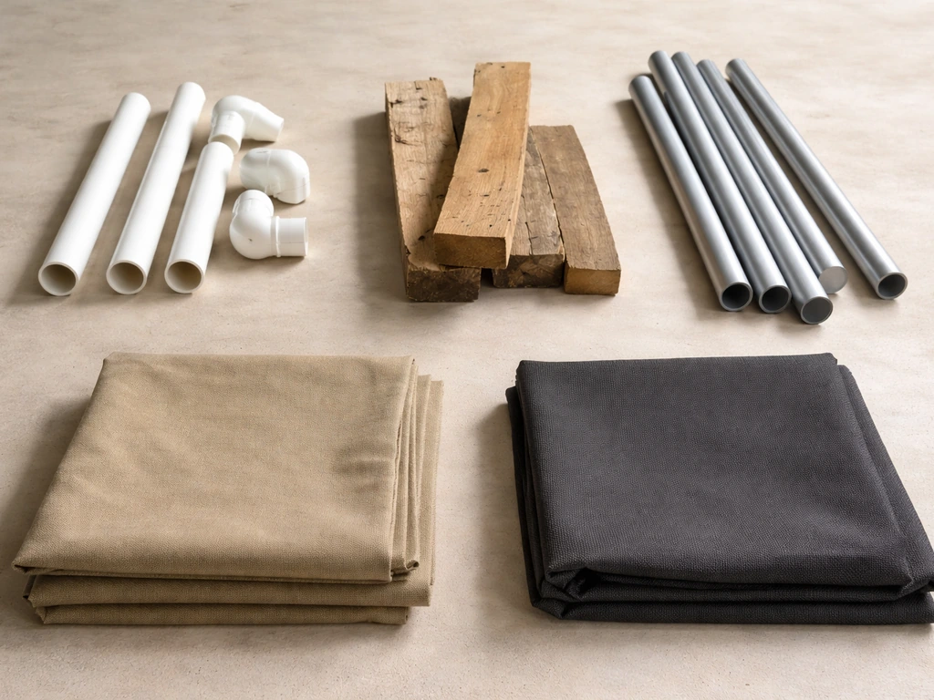 Tabletop display of PVC, wood, and metal frame pieces beside folded canvas tarp and outdoor fabric samples.