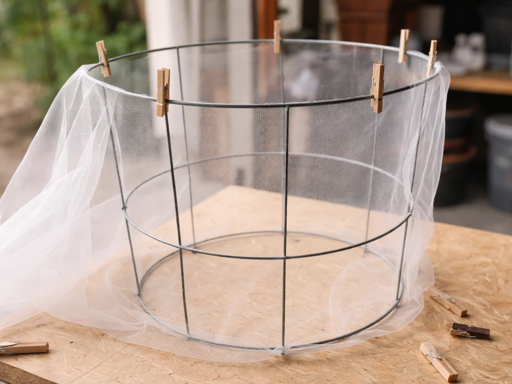 DIY beginner build in progress: mesh/fabric being fastened around a salvaged wire tomato cage.