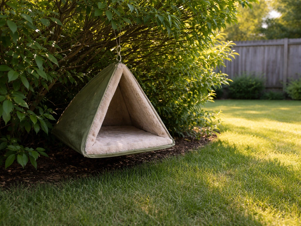 Backyard bird tent near shrubs, sunlit side with open space and sheltered side from wind and rain.