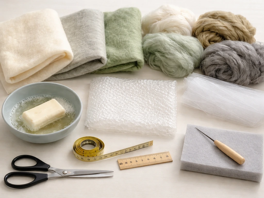 Laid-out felting supplies: wool roving, pre-felt, bubble wrap, soap, scissors, measuring tools, needle and pad.