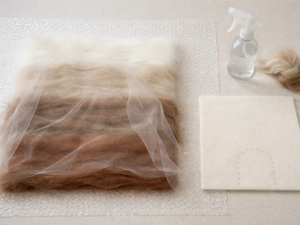 Wet-felting setup with bubble wrap, wool roving panels under tulle, and a front template with entry spot marked.