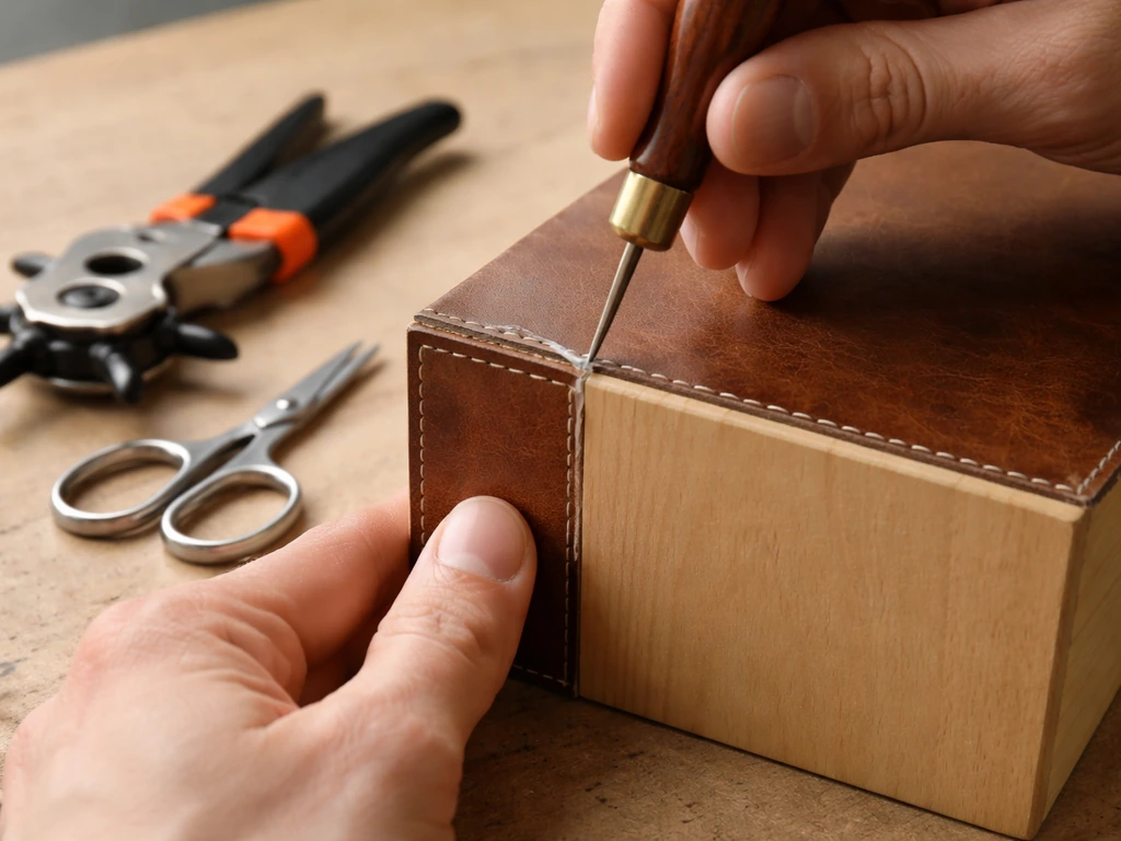 Hands using an awl to start an entry hole and gluing two butt-joined panels on a workbench.