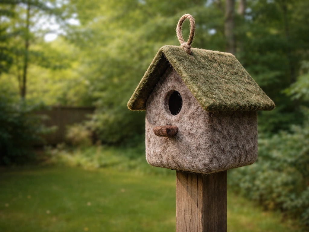 Felt birdhouse mounted on a wooden post with a jute/wire loop through the roof ridge.