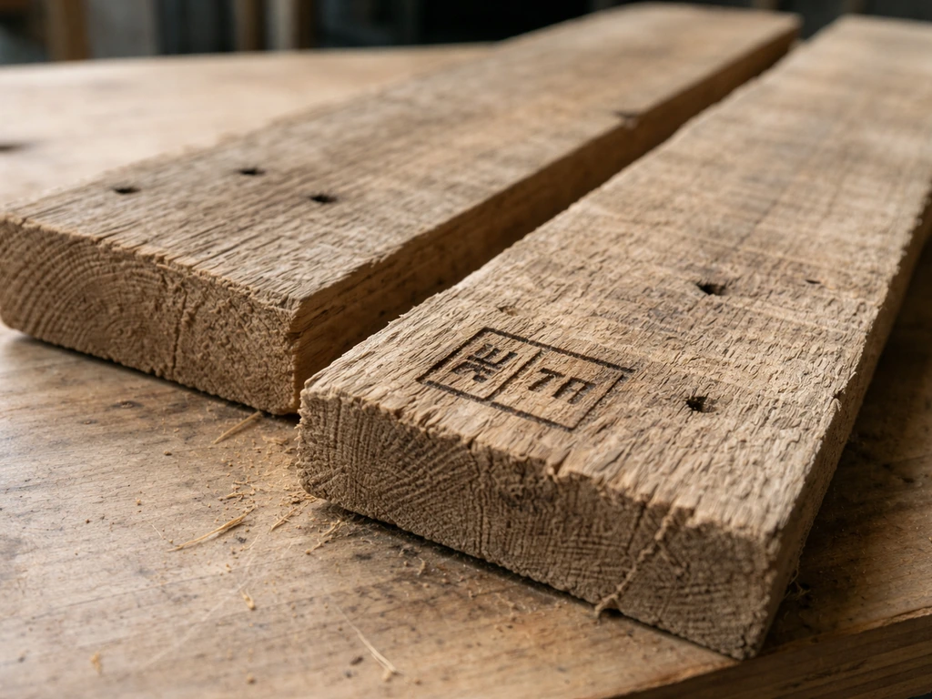 Close-up of salvaged pallet boards on a workbench, showing a heat-treatment stamp and inspection details.