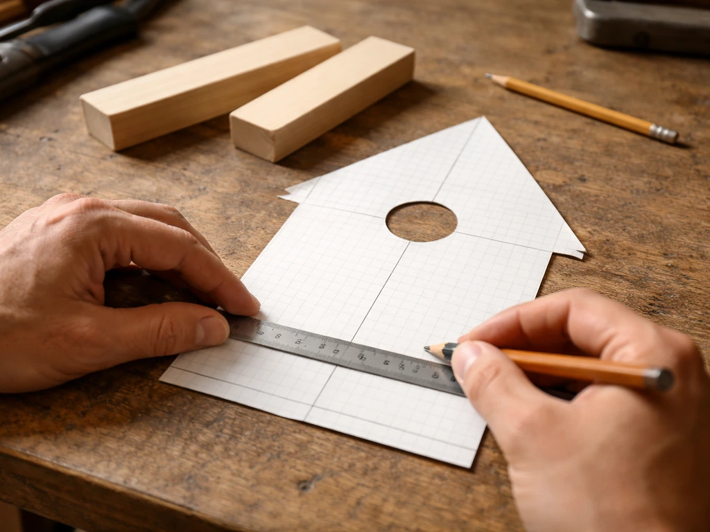 Hands measuring a birdhouse template on a wooden bench with a marked round entrance opening.