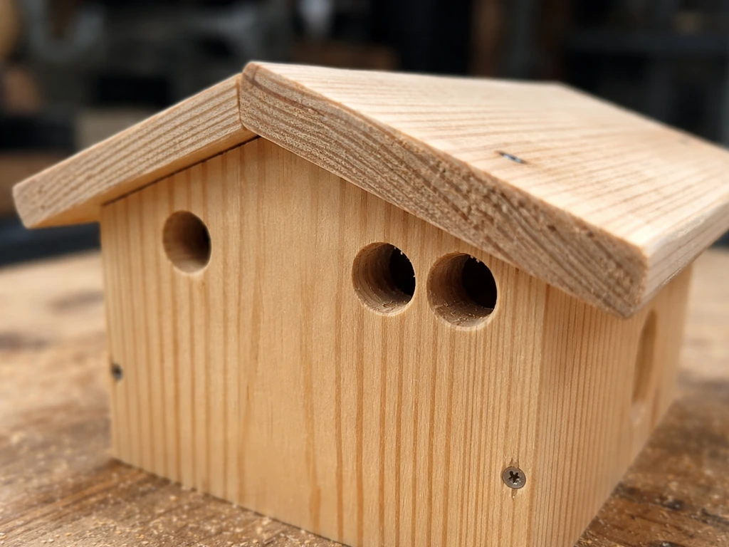 Close-up of a birdhouse showing drilled ventilation holes near the roofline on both side walls.