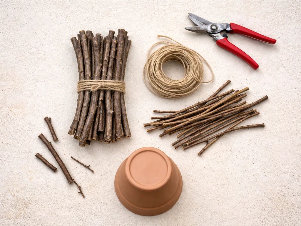 Overhead flat-lay of twig nest supplies: base twigs, weaving twigs, jute/raffia, pruning shears, and a bowl for shaping.